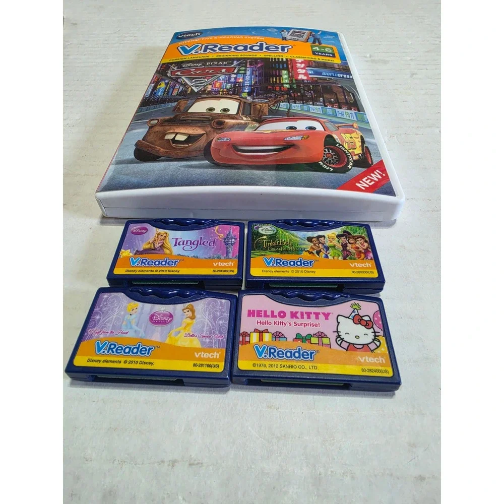 Vtech V.Reader Cartridge 5 Games Disney Cars 2 Tangled Hello Kitty Tinker Bell